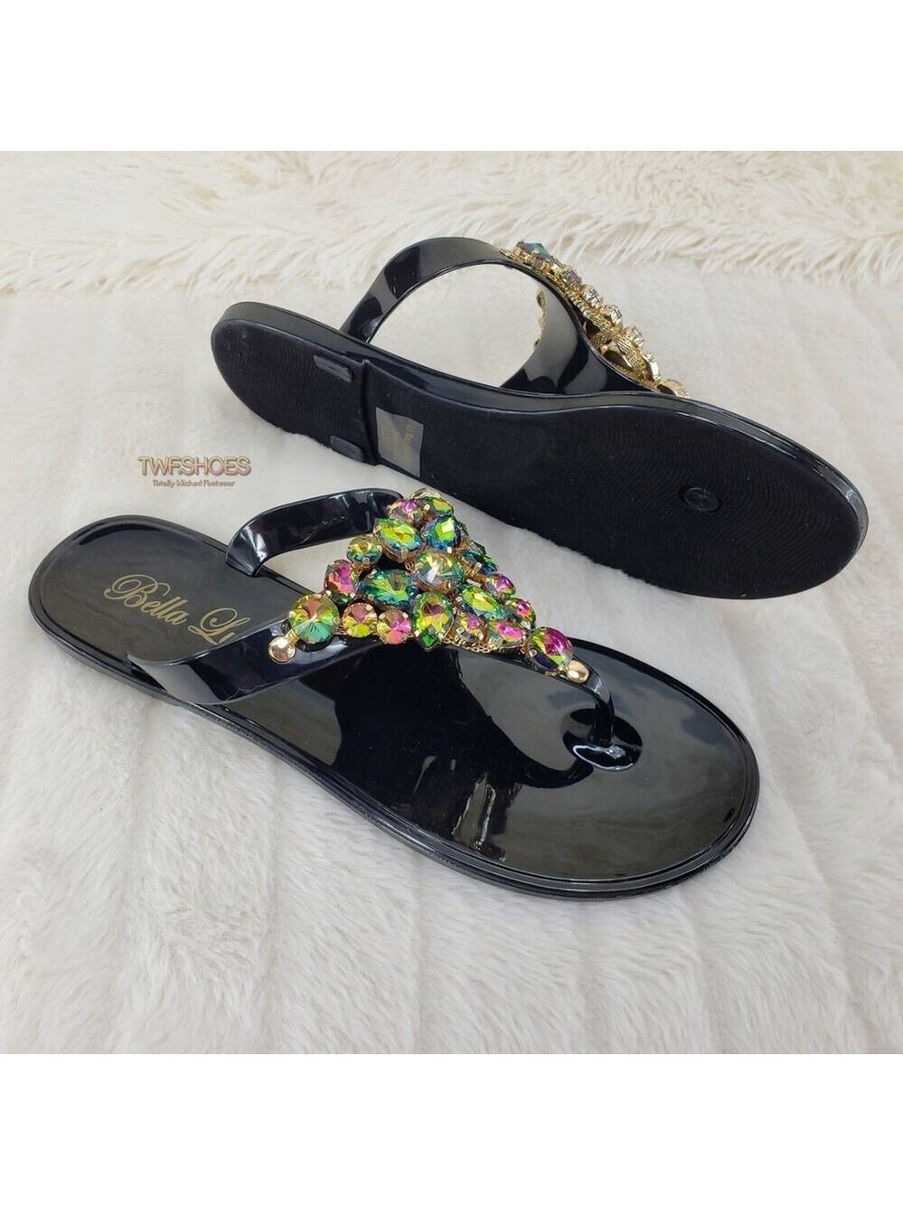 NIB Bella Luna Colorful Jelly Rhinestone Thong Flat Summer Sandals Black
